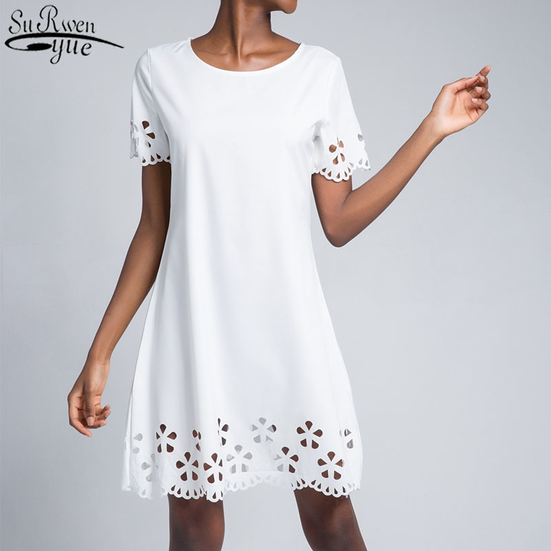 A-line Lady Dress Summer Fashion Casual Round Collar Short Sleeve Women Mini Burning Flower Hollowed 3361 210427