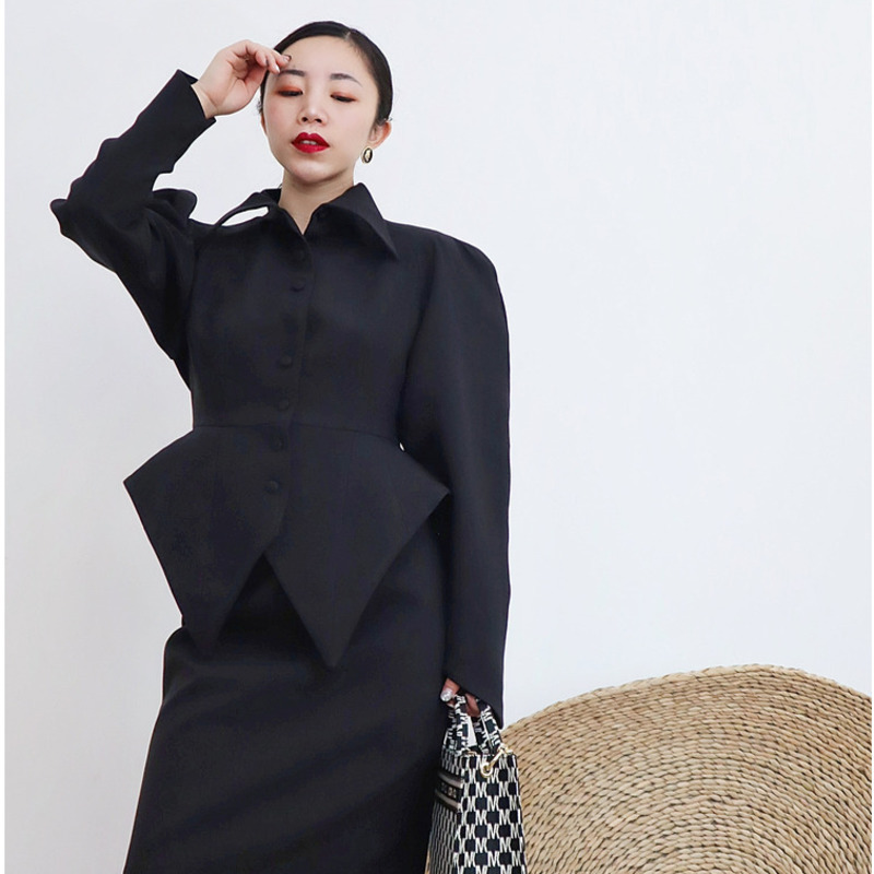 [DEAT] Lapel Collar Puff Sleeve Single Breasted Top Knee-length Black Skirt Two Piece Set Women Y2k Cothes Spring GX206 210428