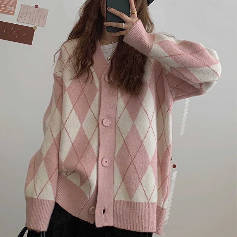 Korean Oversize Cardigan Tops Women Knitted Sweater Argyle Cardigan Loose Single Breasted Students V-neck Lovely Knitwear 17068 211014