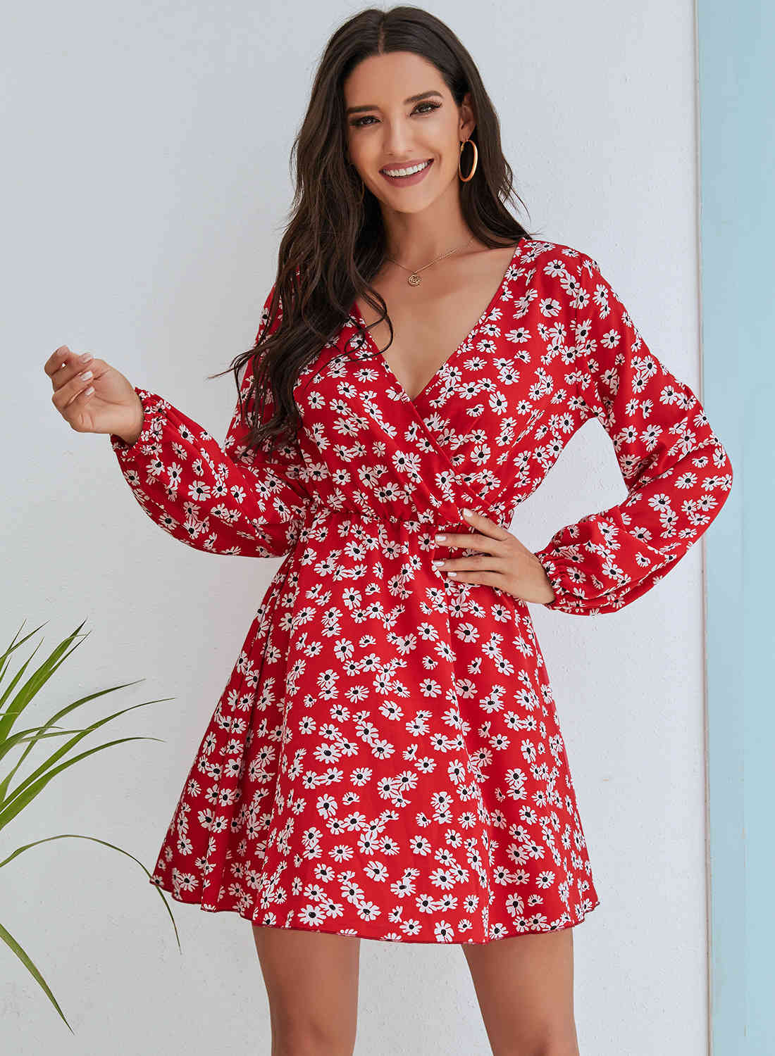 Floral Print Long Sleeve V-neck Women Dress Autumn Fashion Waist Fold Mini Sweet Cute Lantern Black Red Sundress 210522