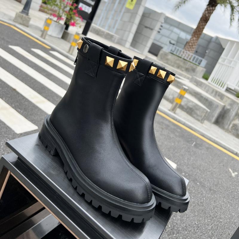 Boots Women Shoes Size35-41 Round Toe Mid Heels Genuine Leather British Style Rivet Zipper Calf Platform Zapatos De Mujer