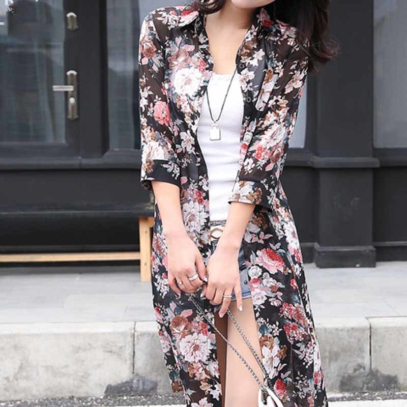 Floral Long Blouses Nice Chiffon Cardigan Loose Half Sleeve Flower Print Women Tops and Blouse Summer Sun Protection Shirts 4152 210518
