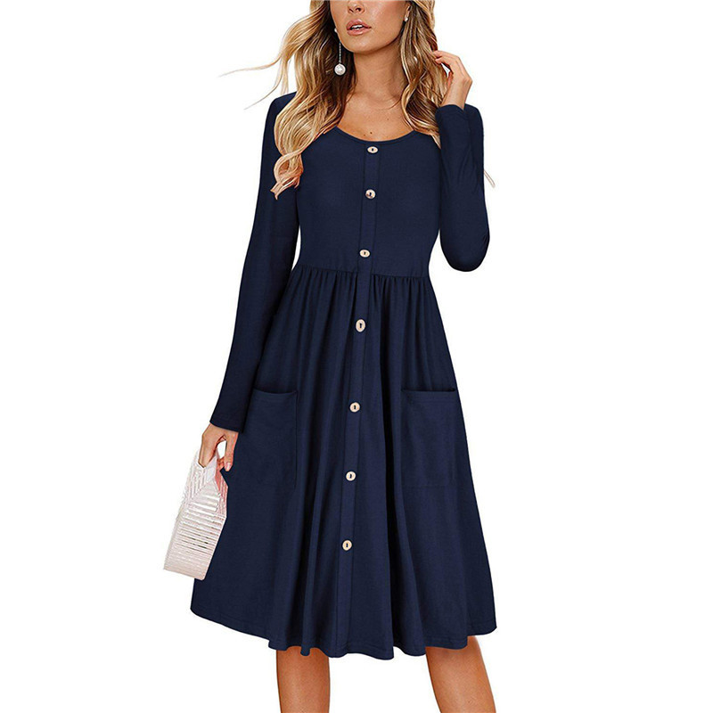 Women's Autumn Solid Color Round Neck Long Sleeve Bow Button Dress Temperament Office Worker Celebrity Style Plus Size 210522
