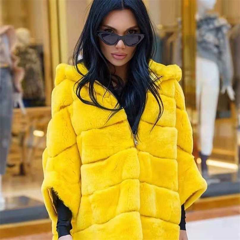 Real Rex Rabbit Natural Fur Coat Female Hoodies Zipper Poncho Jackets Winter Clothes Woman Fluffy Fur Warm Fashion Coat Big Size 211123