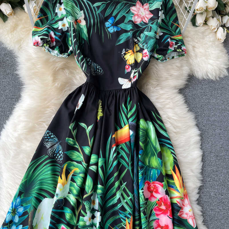 DEAT Women Printing Sandy Beach Dress Round Neck Short Sleeve Arrivals Lady Temperament Fashion Spring Summer 11D610 210709