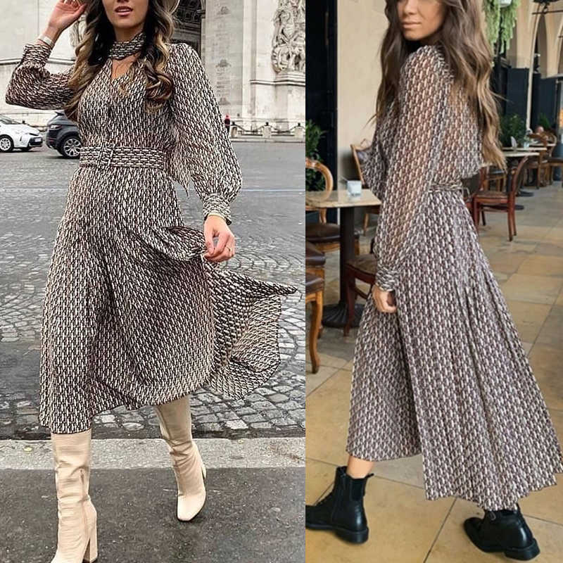 Aachoae Women Elegant Long Dress with Belt Chain Print Bow Tie Neck Office Lady Shirt Dress Long Sleeve Pleated Dress Vestidos 210630