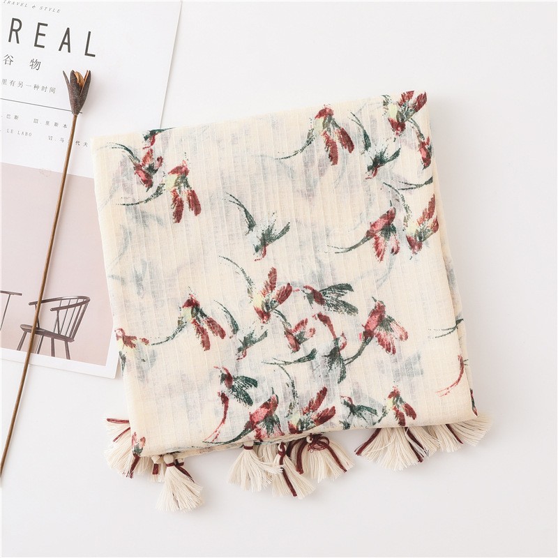 Flower Printed Scarf Shawls Women Tassesl Hijabs Fashion Cotton Muslim Head Wraps Large Size Headscarf Turbans