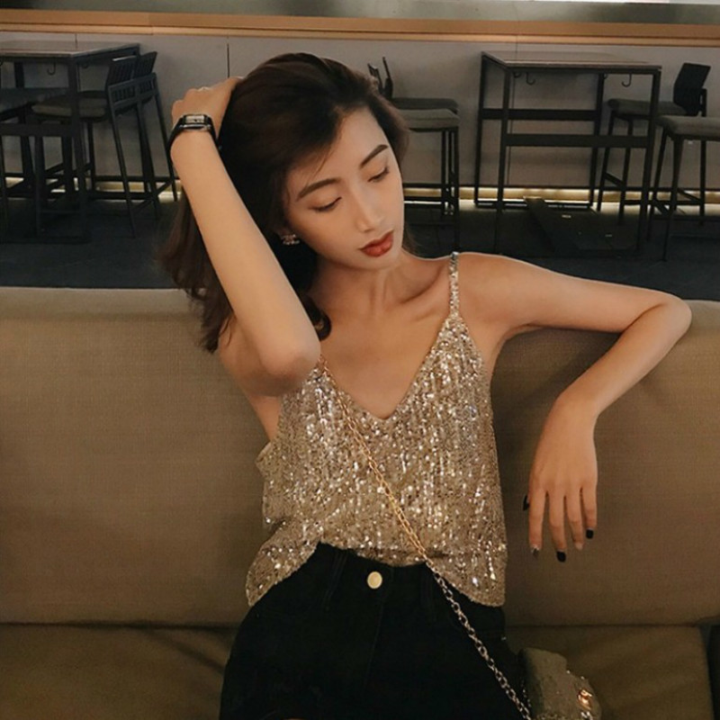 Sexy Womens tank top Silver Sequin Backless sleeveless Glitter Strappy Tank Tops Ladies Sparkle Camis v-neck Vest party Clubwear 210428