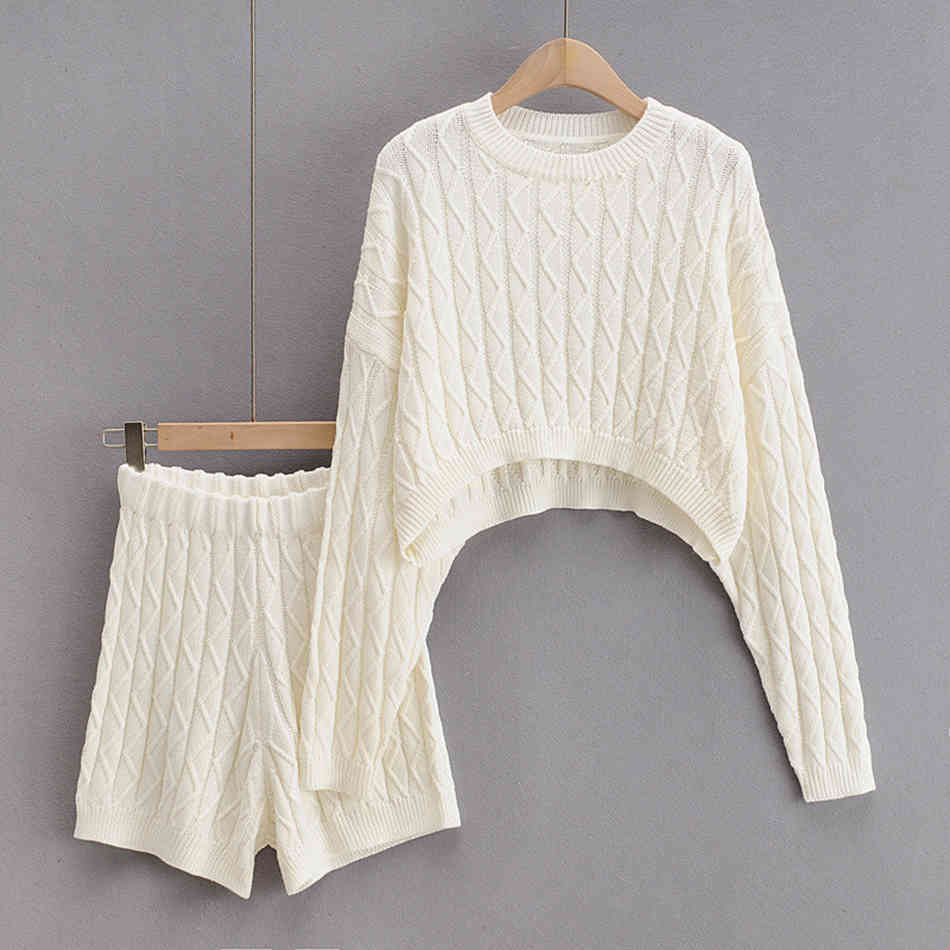 Free Women's Knitted Sweater Set O-Neck Long Sleeve Pullover Shorts & Elastic Casual Two-piece 210524