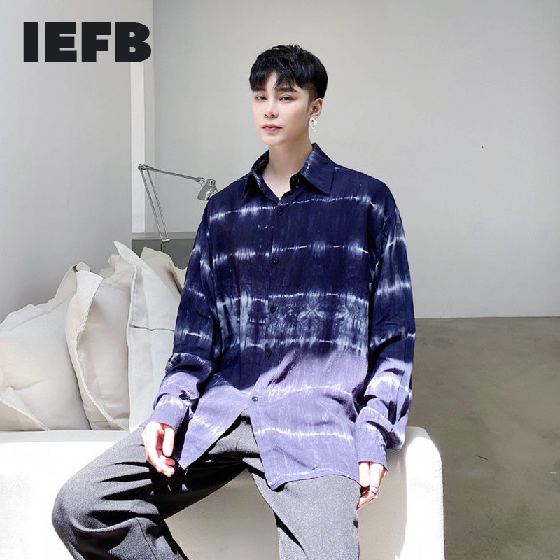 IEFB Personalized Niche Men's Clothing Irregular Tie Dye Long Sleeve Shirt Men's Fashion Oversized Print Tops Casual 9Y6509 210524