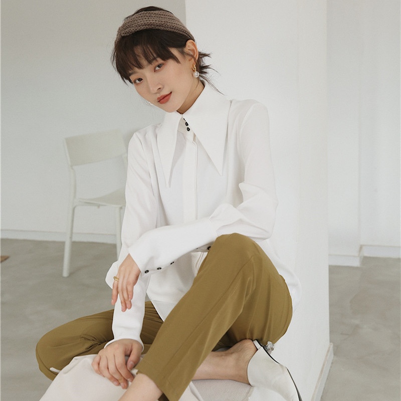 White Vintage Blouse Long Sleeve Button Down Big Collar Shirt Ladies High Fashion Blouses And Tops Fall Clothing 210427