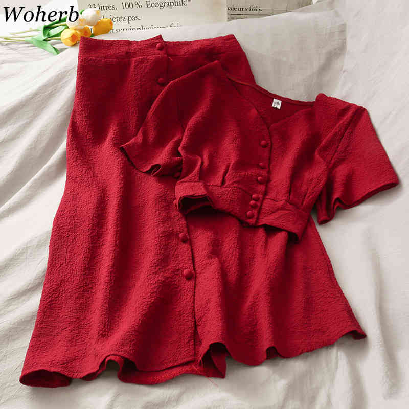 Vitnage Pleated Skirts Two Pieces Set Women Short Sleeve Blouse + High Waist Midi Long Skirt Summer Korean Outfits 210519