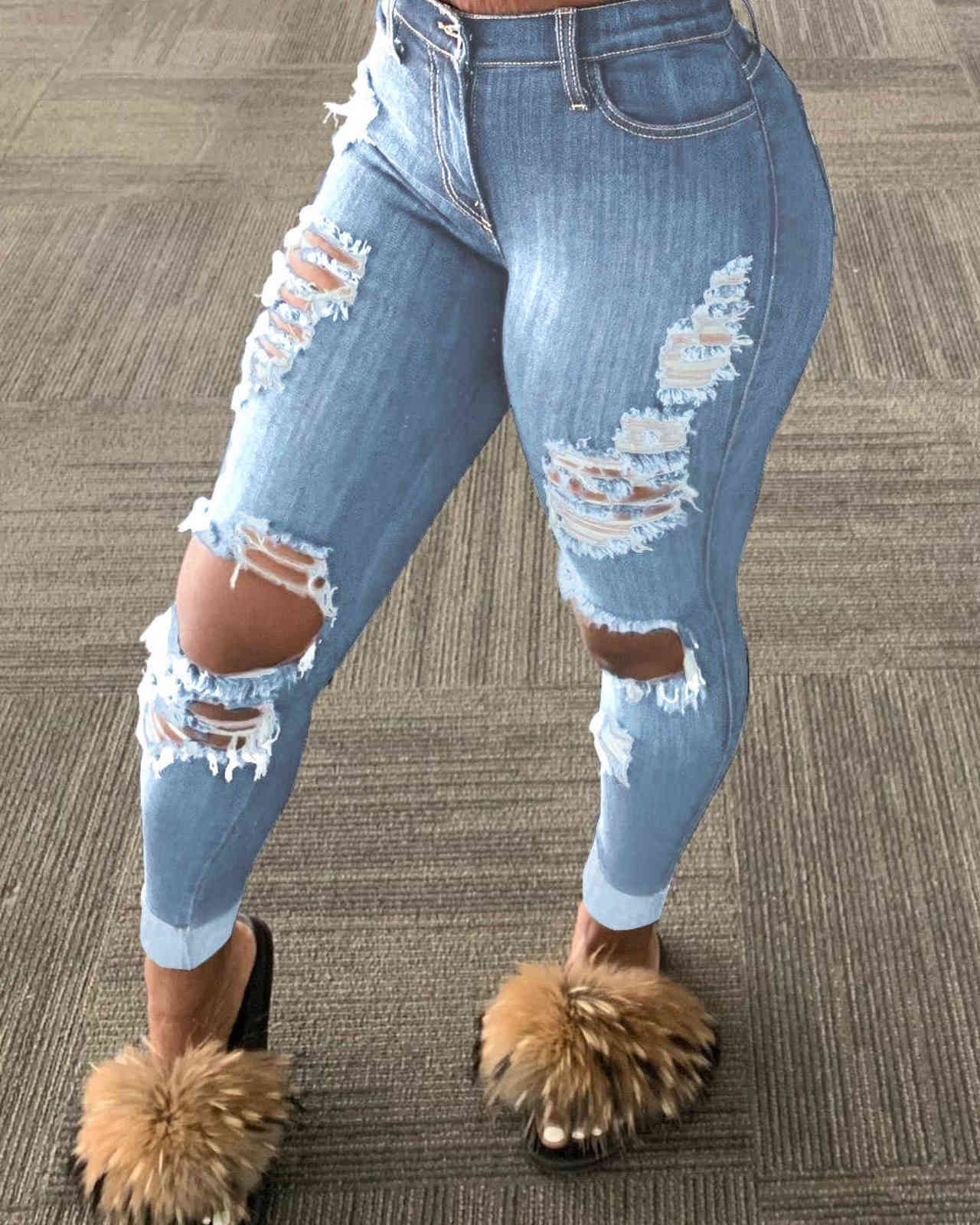 Autumn Fashion Womens Slim Fit Jeans Solid Color Ripped Hole Tassel Stretch Mid-waist Denim Pencil Long Pants Trousers 211129