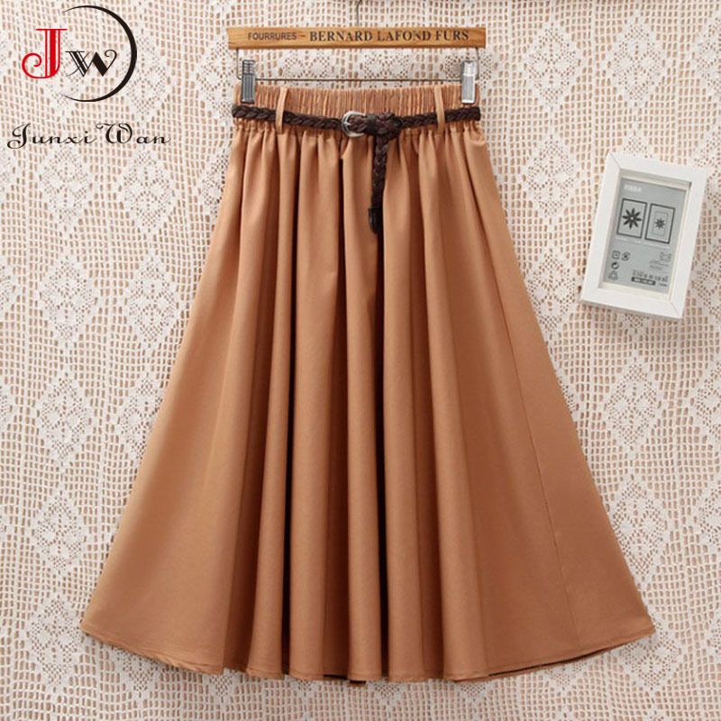 Women Preppy Style Summer Skirt Casual A-line Solid With Belt Mid-length Fashion Elegant Chic Girls Midi Skirts Saias 210510