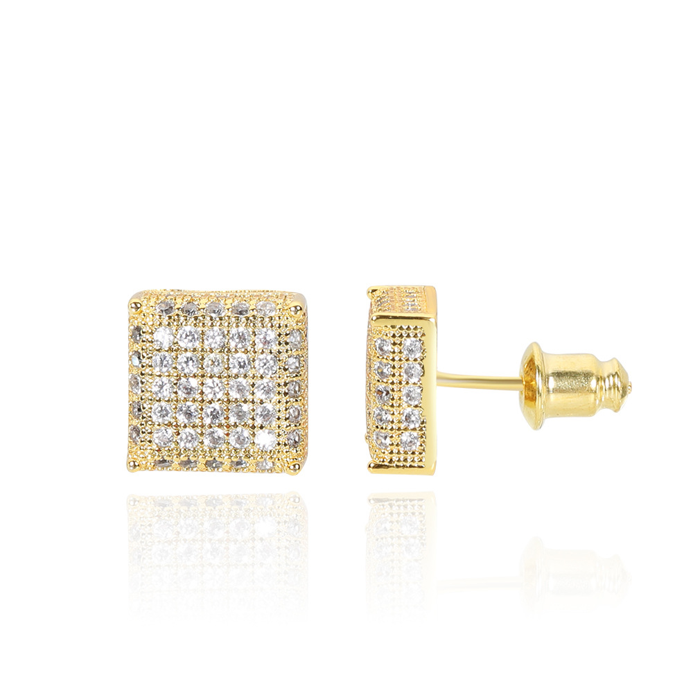Hip Hop Square Stud Earring Bling 18K Real Gold Plated Prevent Allergy Earrings for Men Women Gift