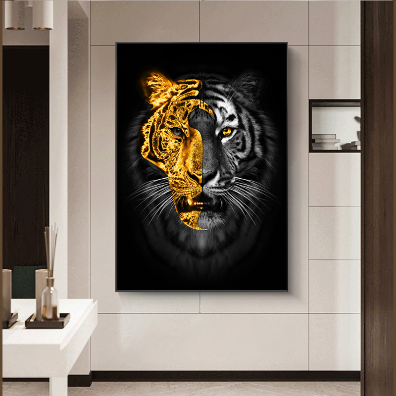 Animals Art Gold Black Lion Paintings on Canvas Wall Pictures for Living Room Decor Wall Art Canvas Posters Prints Home Cuadros