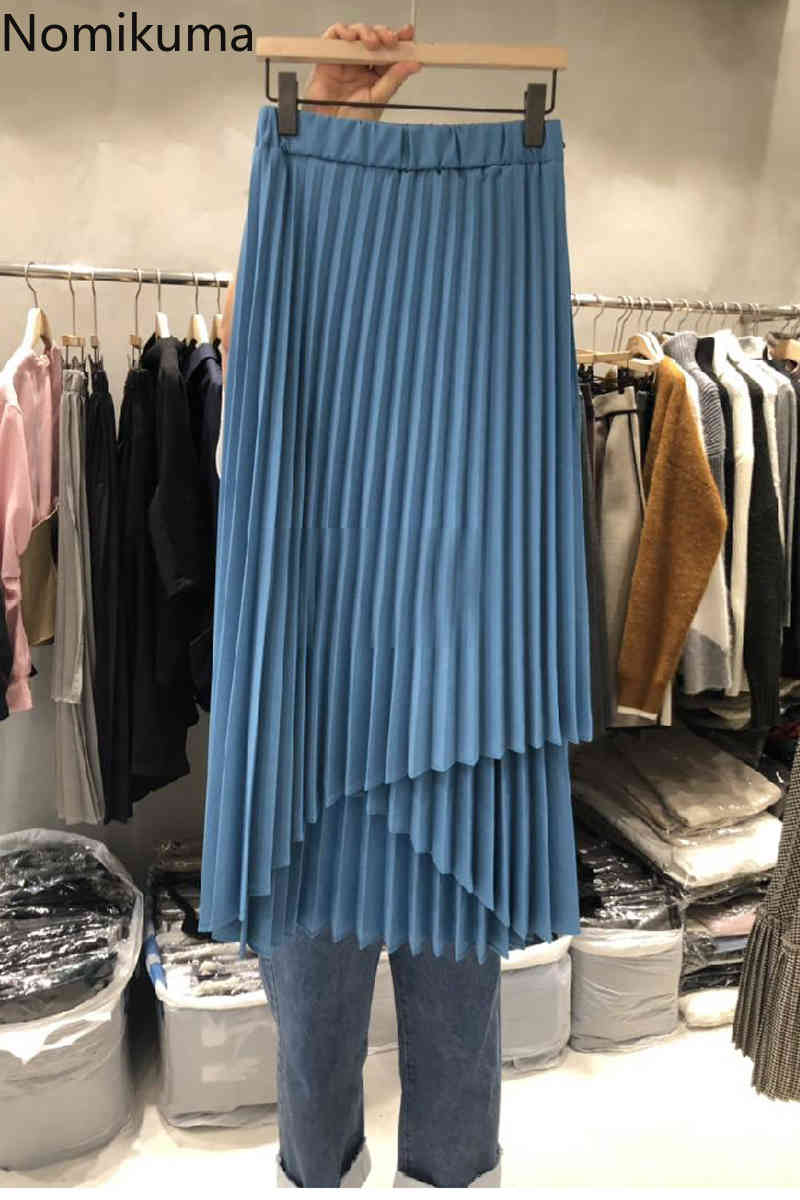 Nomikuma Spring Summer New Pleated Irregular Skirts High Waist A-line Elegant Women Skirts Causal Faldas Mujer Moda 6G507 210427