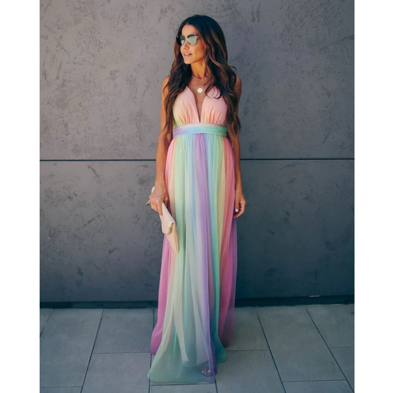 Women's Rainbow Beach Slip Dress Summer New Fashion Ladies Sling Vestidos Sexy Deep V Mesh Suspender Maxi Party Dresses 210422 C260312