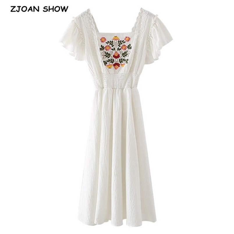 Ethnic Lace Spliced Flower Embroidery White Dress Holiday Elastic Waist Wood ears Ruffles Short Sleeve Midi Women 210429
