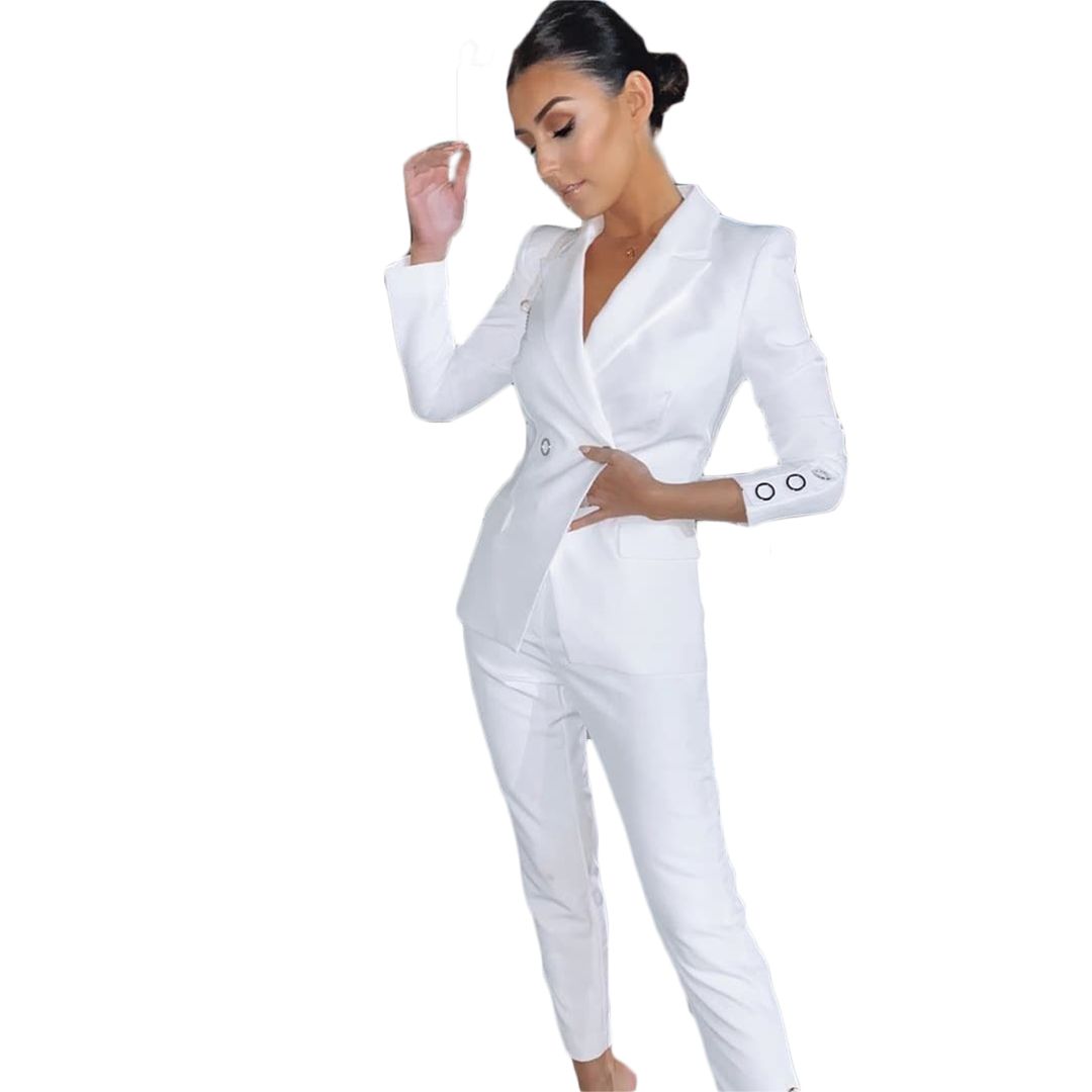 White Women Blazer Suits Sexy V Neck Double Breasted Formal Office Lady Pants Suit Prom Party Wedding (Jacket+Pants)