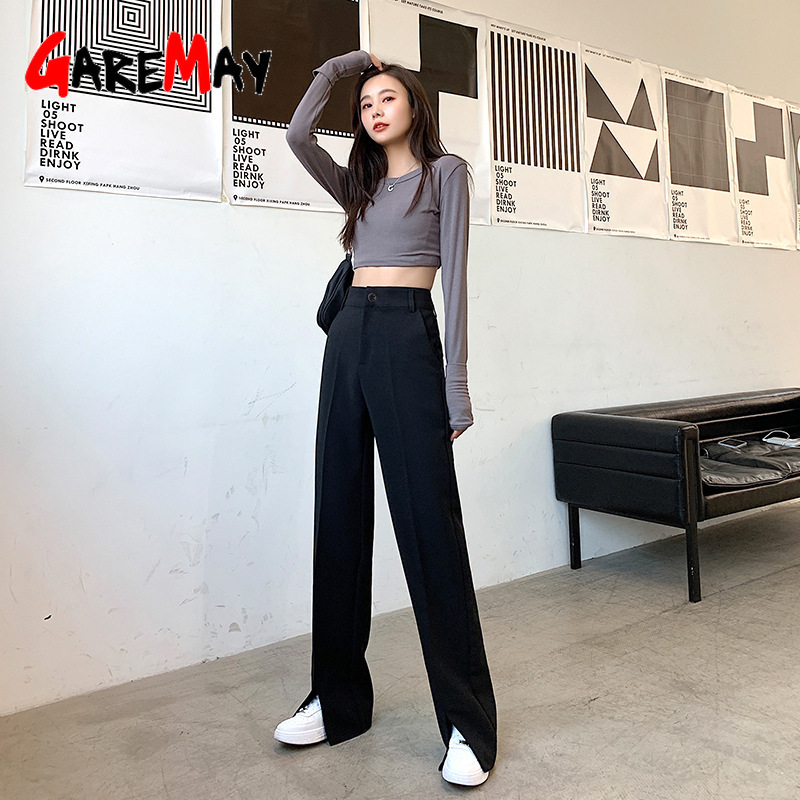 Split Hem Pants for Women Black High Waist Casual Long Slim Streetstyle Korean Wide Leg Office Formal Stacked 210428