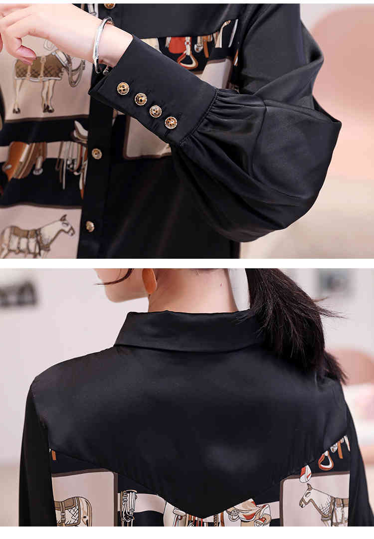 Fashion Turn-down Collar Office Lady Blouse Korean Style Women Vintage Long Sleeve Print Shirt Black Tops Blusas 8166 50 210506