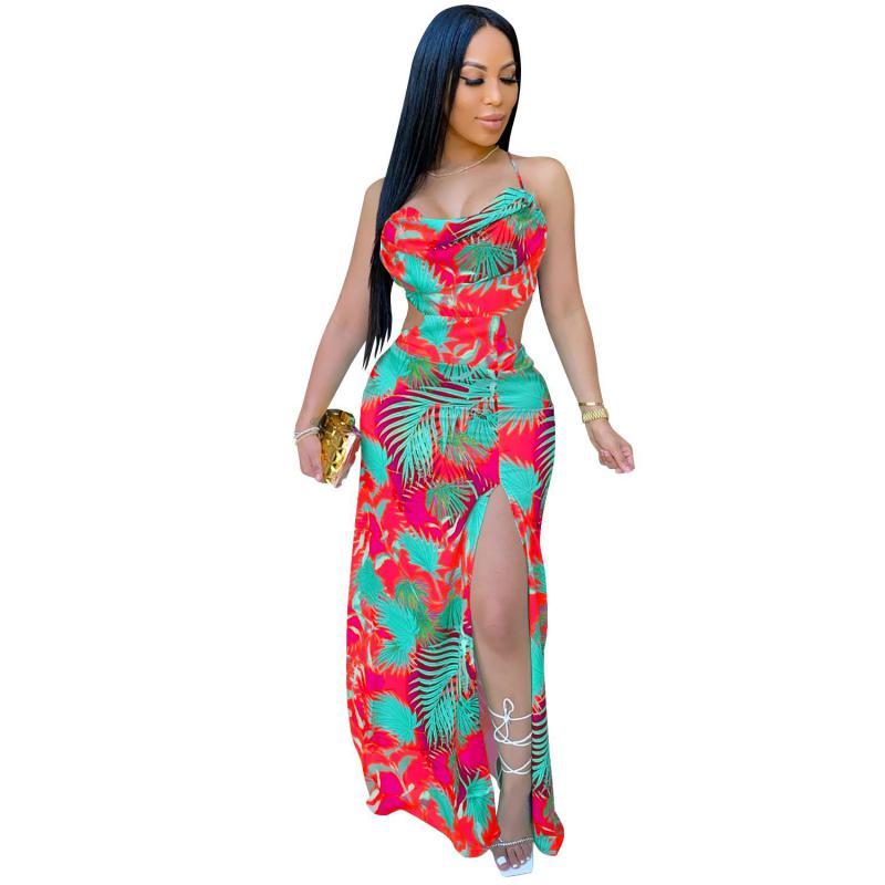 Women Dress Printed Bohemian Deep V Neck Split Backless Spaghetti Strap Maxi es Sexy Long Beach es Summer 210513