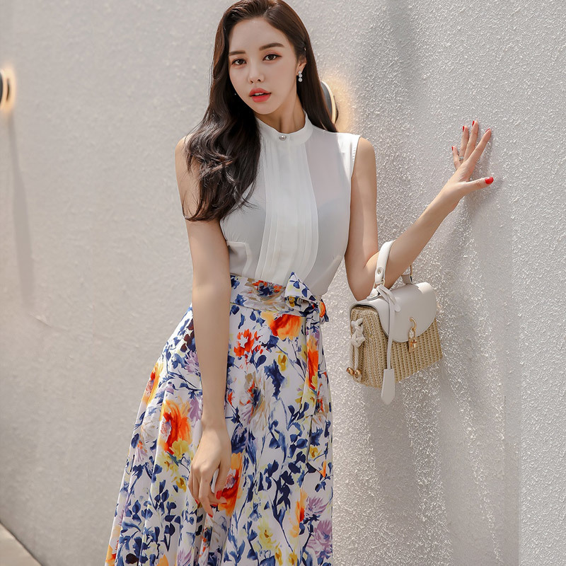 Women Summer 2 Pieces Suits White Sleeveless Shirts Top And Lace-up Print Skirts OL Casual Work Wear Set 210506