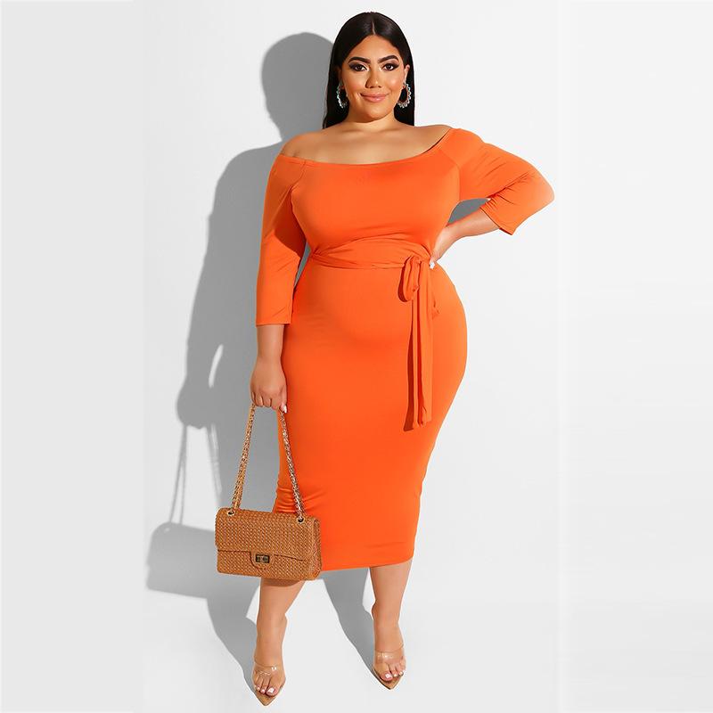 Casual Dresses Summer Fall Solid Plus Size Women Dress Slash Neck Long Sleeves Stretchy Mid Calf Bodycon For Party Nightclub