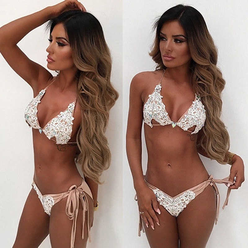 Lace Bikini Diamond Swimsuit Crystal Women Swimwear Bandage Halter s Set Brazilian Beachwear Push Up 210625