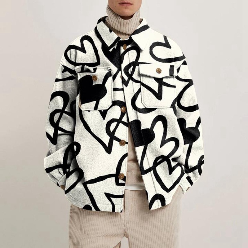 Hipster Men Turn-down Collar Shirts Autumn Winter Fashion Abstract Printed Thick Shirt Mens Cardigan Tops Casual Streetwear 220308
