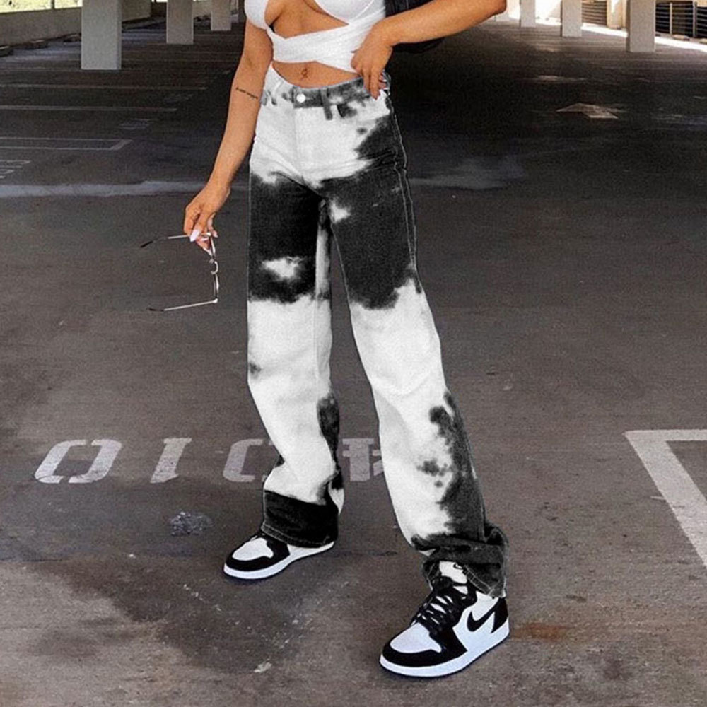 Fashion Tie-dye Print Wide Leg Jeans Casual High Waist Loose Long Pants Women Summer Hip Hop Trousers Streetwear 210428