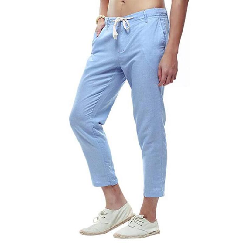 2021Men Straight Pants Solid Color Pencil Trousers Slim Casual Ninth Waist Drawstring With Pockets Men's