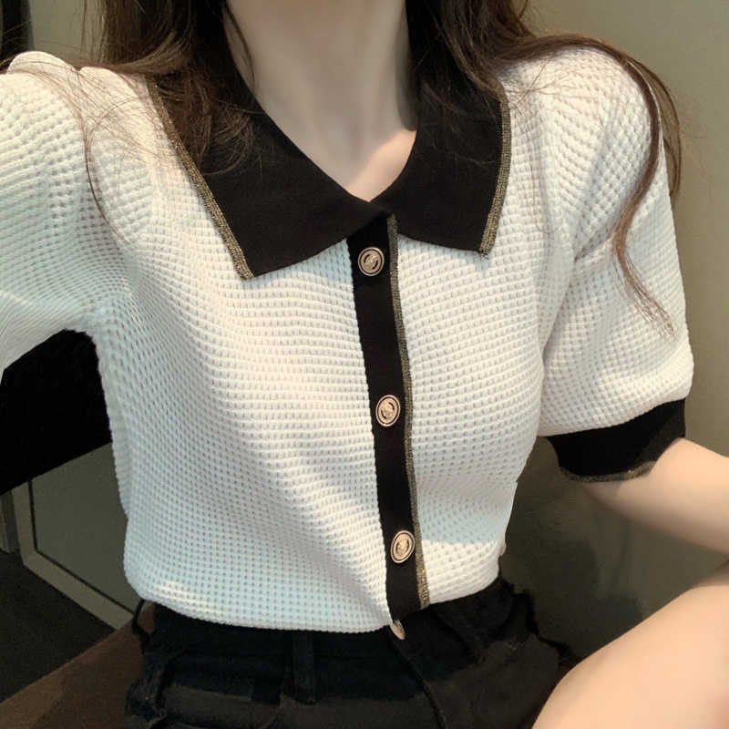 Summer Retro Turn Down Collar Hit Color Short Sleeve Knitted Single-Breasted Casual T-shirts For Women Tees 210526, White
Summer Retro Turn Down Collar Hit Color Short Sleeve Knitted Single-Breasted Casual T-shirts For Women Tees 210526, White