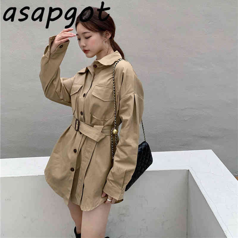 Retro Korean Chic Loose Full Sleeve Turn Down Collar Single Breasted Khaki Blouse Women with Belt Blusas Mujer Thin Jacket 210429