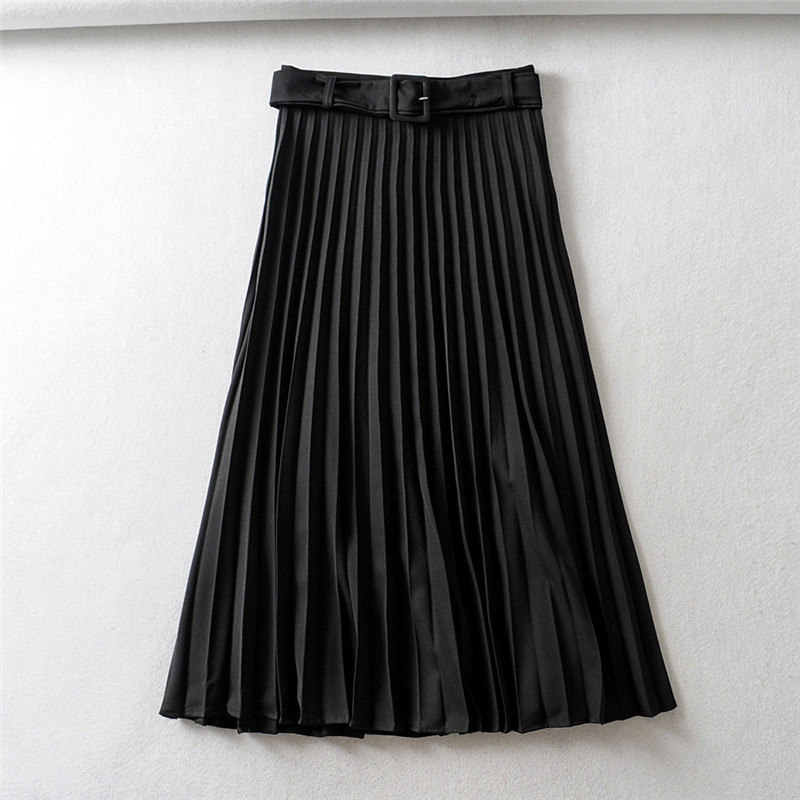 Women Pleated Skirt With Belt High Waist Elegant Vintage A-line Midi Skirts Female 210508
