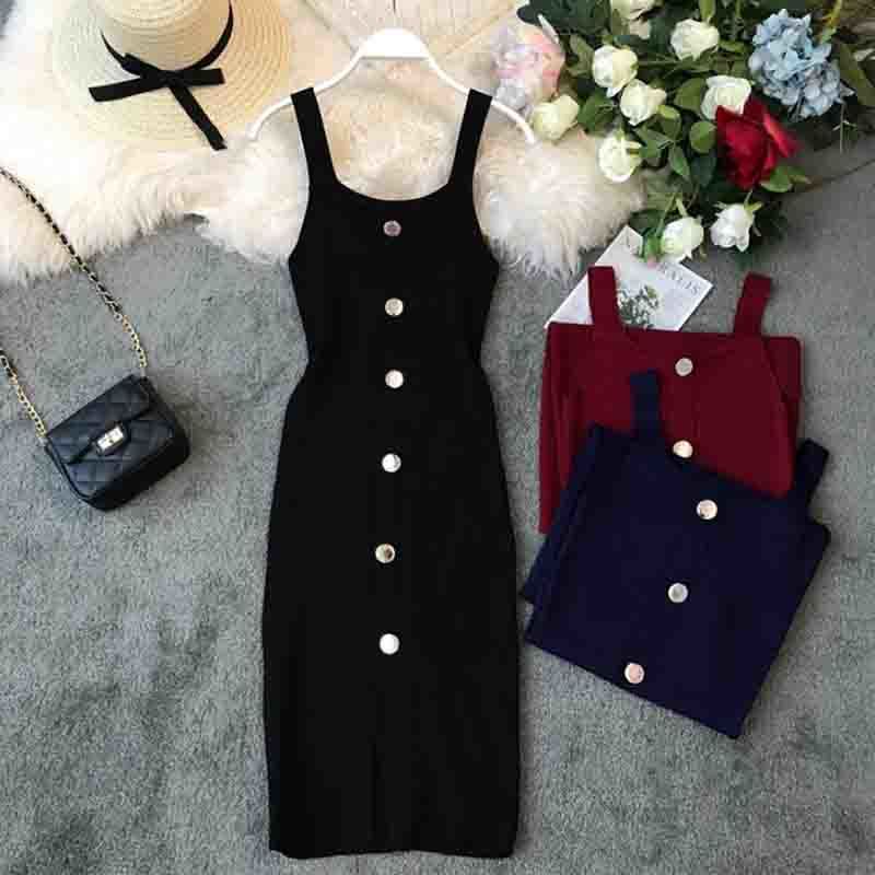 Women Summer Runway Knitted Dress Elegant Button Sleeveless Spaghetti Strap Split Sexy Dress Elastic Slim Knit Vestidos 210521