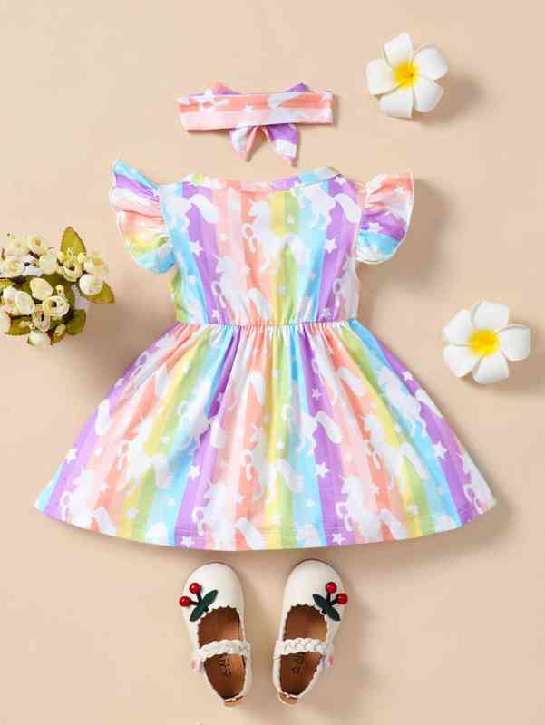 Baby Rainbow Striped Unicorn Print Ruffle Sleeve Dress With Headband SHE