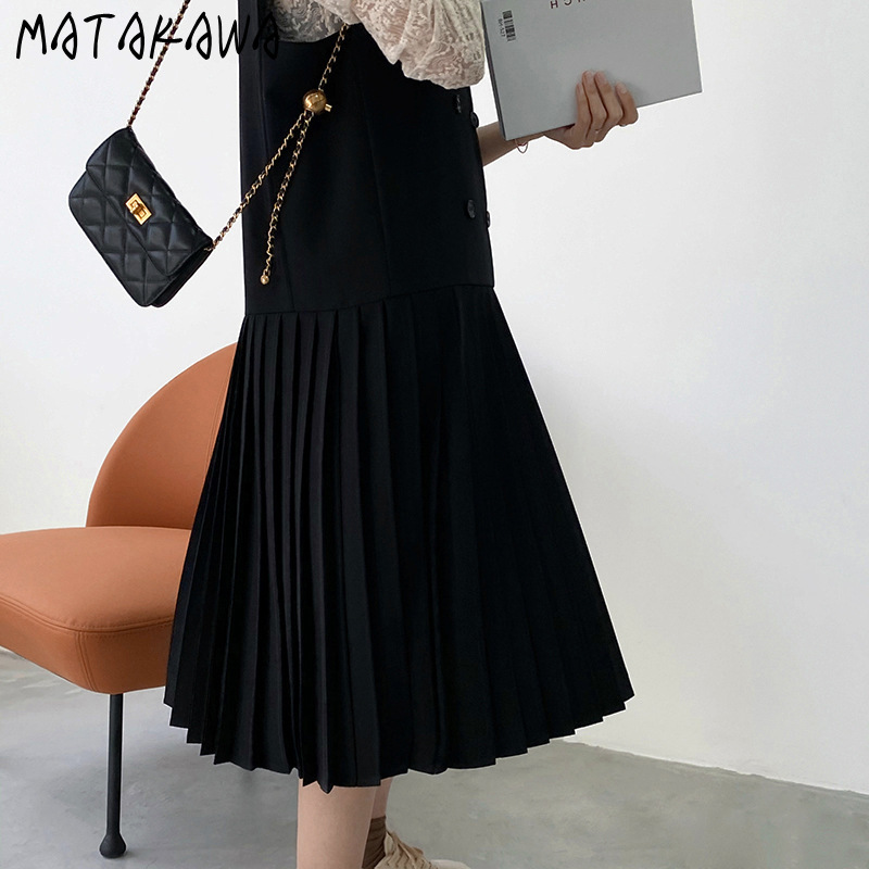 MATAKAWA Korea Black Pleated Woman Dress Sleeveless Vest Robe Women Loose Stitching Mid-length Vestidos + Shawl 210513