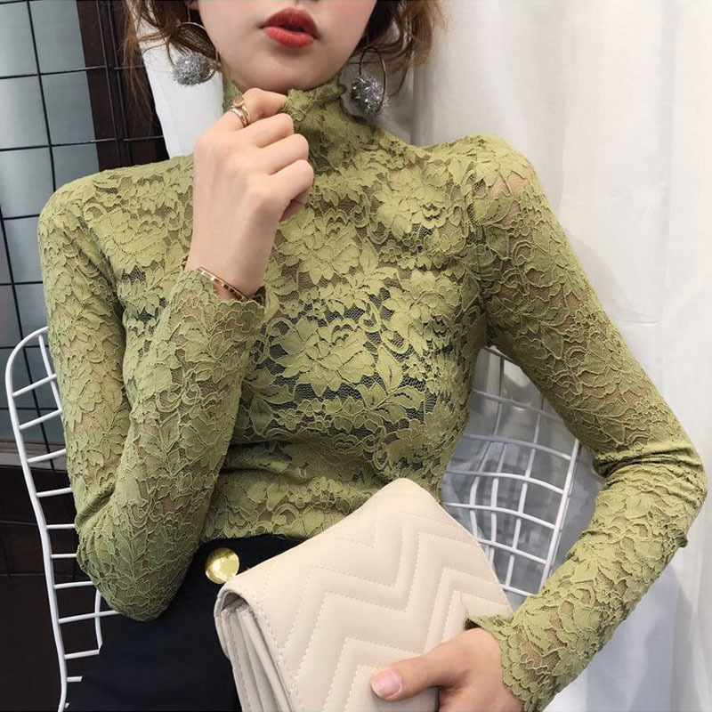 Korean Temperament Women Tops Long-sleeved Hollow out bottoming shirt Spring High neck Sexy Flower Lace blouse 210517
