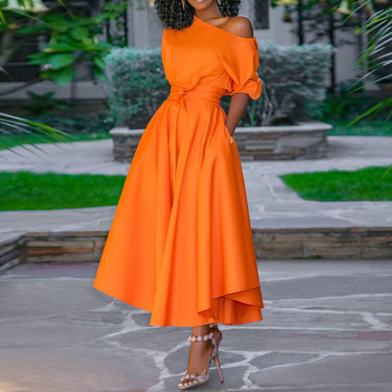 Paris Girl Casual Long Dress Women Summer One Shoulder Sexy Fashion Street Travel High Waist Robe Ladies Big Swing Elegant Day 210524