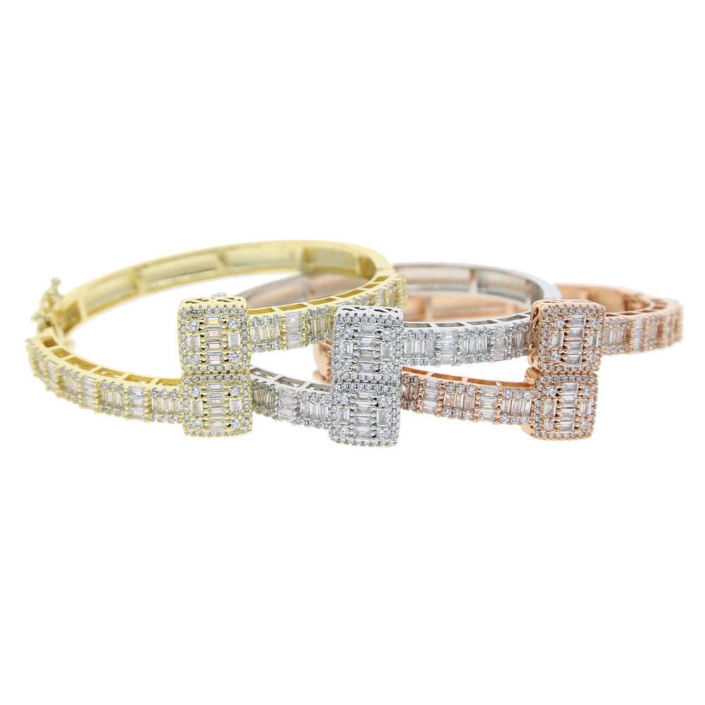 New Gold Silver Color Opened Square Zircon Charm Bracelet Iced Out Bling Baguette CZ Bangle For Men Women Luxury Jewelry