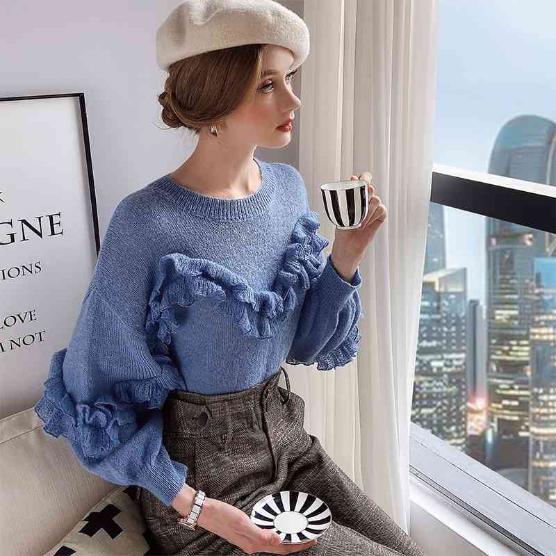 Dabuwawa Autumn Women Knitted Sweater Elegant O-Neck Lantern Sleeve Female Sweater Pullover Ruffle Fashion Ladies DT1DKT027 210520