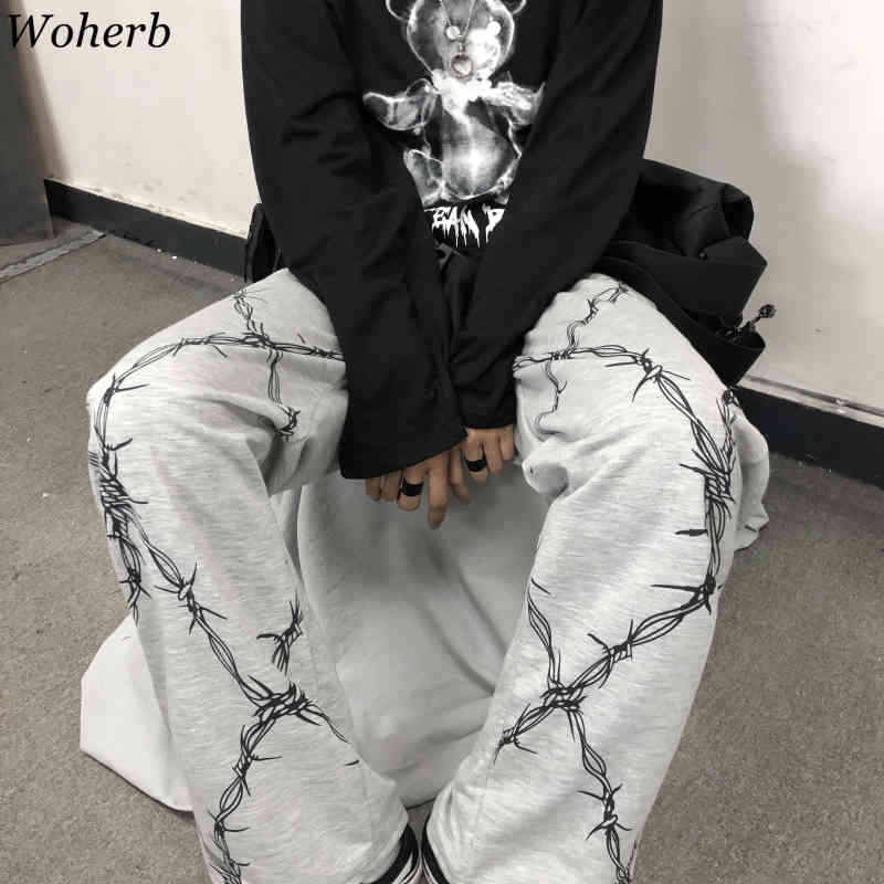 Harajuku Vintage Women Pants Print High Waist Straight Wide Leg Trousers Casual Loose Korean Fashion Streetwear 91089 210519