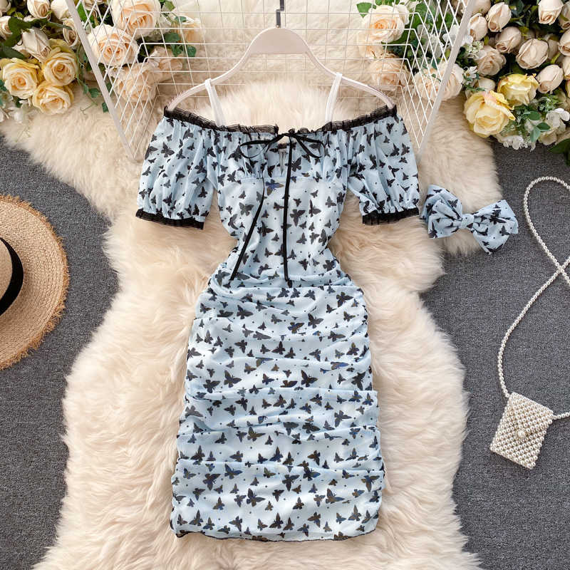 DEAT Women printing lace Dress square collar Short sleeve Arrivals Lady Sexy Fashion Spring Summer 11D242 210709