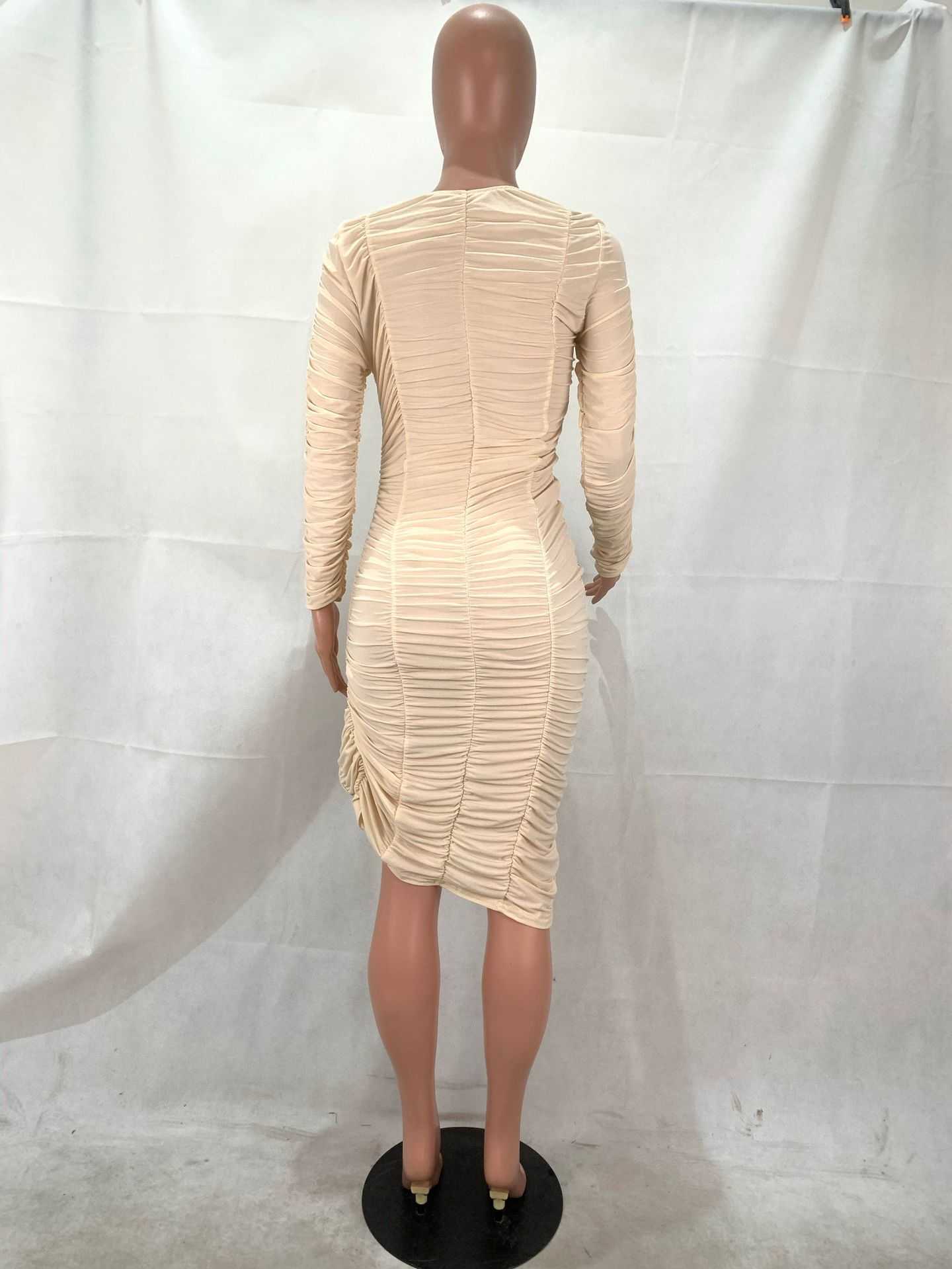 Women Long Sleeve Ruffle Hem Ruched Slit Dress Sexy Club Party Dress 210702