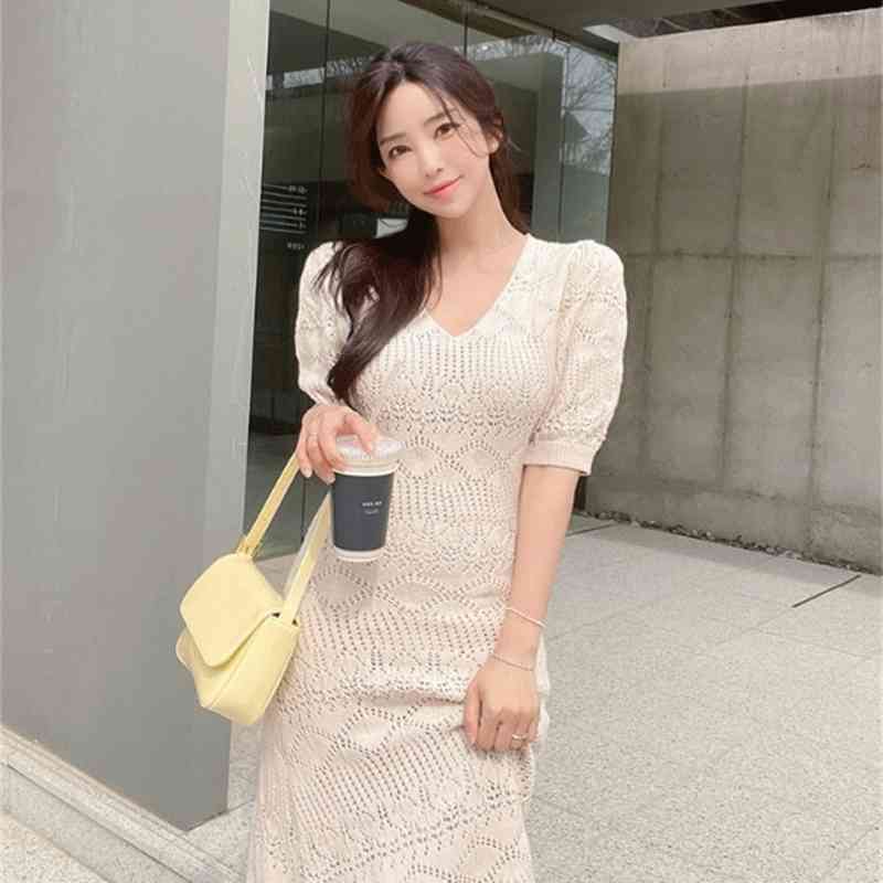 Fashion Casual Solid Sexy V-Neck Slim Korean Chic Summer Dresses Women's Short Sleeve Mid-Length Mermaid Dress 210520