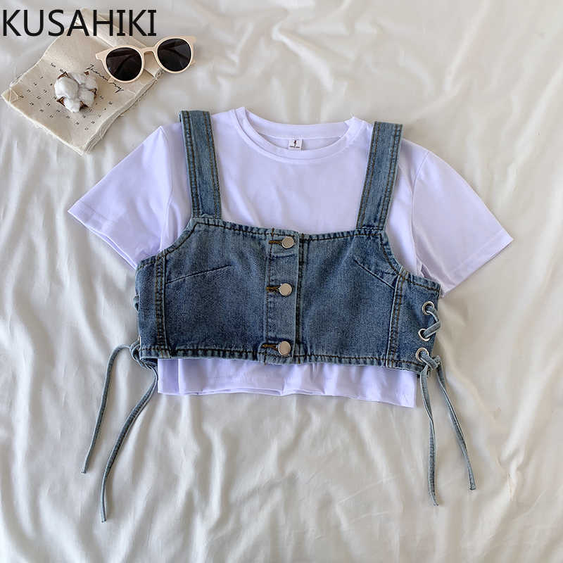 Women Summer 2pieces Crop Top Tshirt Sets Short Sleeve O-neck Slim Basic Tees + Bandage Buttons Demin Sling Vest 6F014 210603, White
Women Summer 2pieces Crop Top Tshirt Sets Short Sleeve O-neck Slim Basic Tees + Bandage Buttons Demin Sling Vest 6F014 210603, White