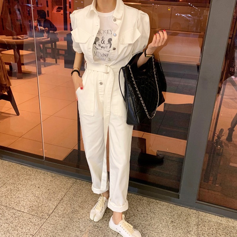 High quality casual Jumpsuits Overalls rompers womens jumpsuit short Sleeve Summer Single-breasted long pants Female 210518