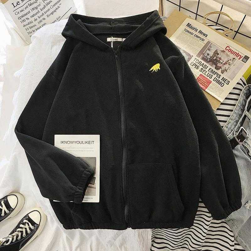 Winter Women's Hoodie Tops Autumn Korean Fashion Animal Embroidery Printing Loose Plush Zipper Sweatshirt 210809